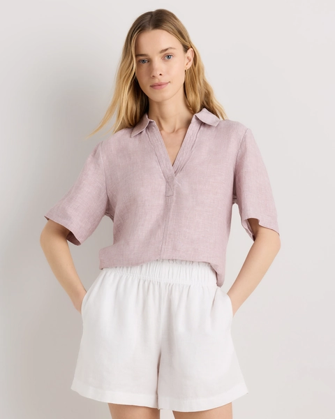 100% European Linen Short Sleeve Popover Top in Vintage Pink Chambray