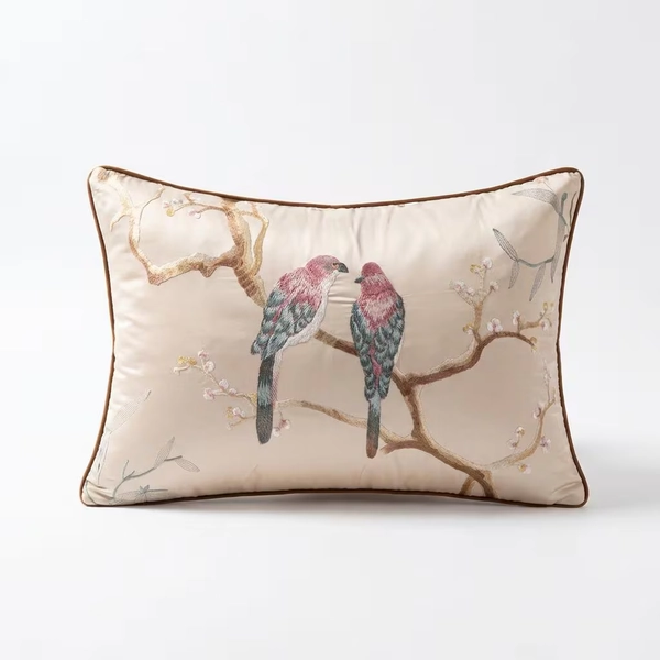 Luxury Chinese Bird Embroidery Lumbar Pillow Cover, Oriental Satin Cushion (14x20 / 16x24)