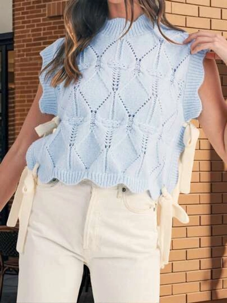 Women Y2k Ribbon Sweater Vest Bow Tie Side Scalloped Trim Warm Mock Neck Knit Tank Tops Sleeveless Pullover Knitwear For Streetwear Fall Spring Clothes Outfit
