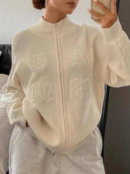 Livesso Women's Solid Color Letter Embroidery High Neck Long Sleeve Loose Knitted Sweater,Long Sleeve Tops,Fall Women Clothes
