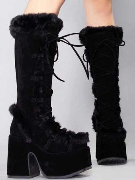 Women Knee High Boots Warm Faux Furry Chunky High Heel Platform Luxury Halloween Punk Goth Cosplay Fuzzy Snow Boots