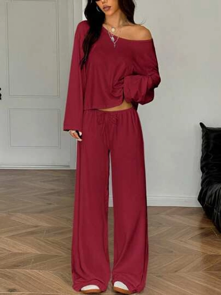SHEIN EZwear 2pcs Women Casual Solid Color Round Neck Drop Shoulder Long Sleeve T-Shirt & Wide Leg Pants Set, Autumn