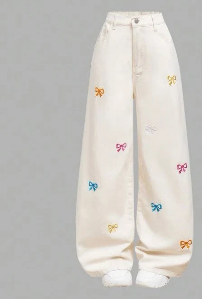SHEIN Girls Embroidered Bow Baggy Flare Jeans
