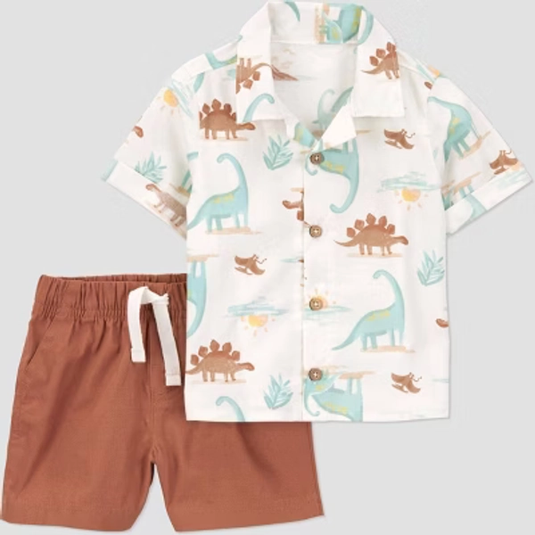 Carter's Just One You® Baby Boys' 2pc Button-Down Shirt & Shorts Set - Brown/White 3M: Dinosaur Pattern, Cotton