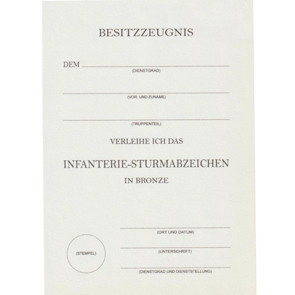 infanterie-Sturmabzeichen Bronze Certificate