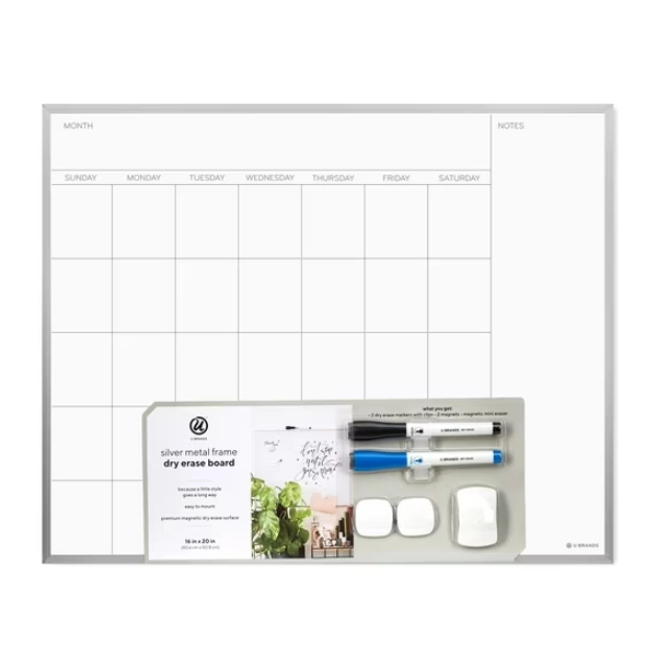 U Brands 16x 20 in. Magnetic Monthly Calendar Dry Erase Board, Silver Aluminum Frame