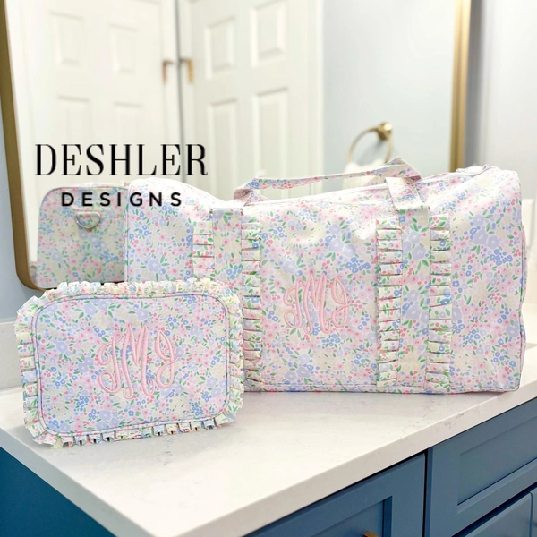 Floral Duffle Bag, Floral Duffel Bag, Ruffle Floral Bag, Floral Ruffle bag, monogram floral bag, Monogram Ruffle Duffle, Monogram Duffle