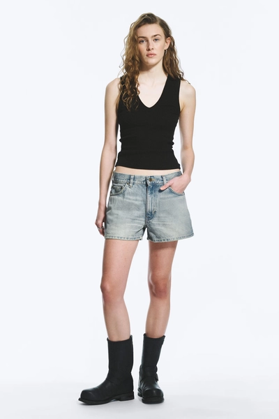 Duchess Low Rise Distressed Mini Denim Shorts