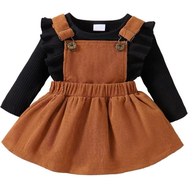BRICUTESK Baby Girl Clothes toddler fall outfit Ruffles long sleeve Romper+suspender skirt dress+ DIY Headband 3pcs