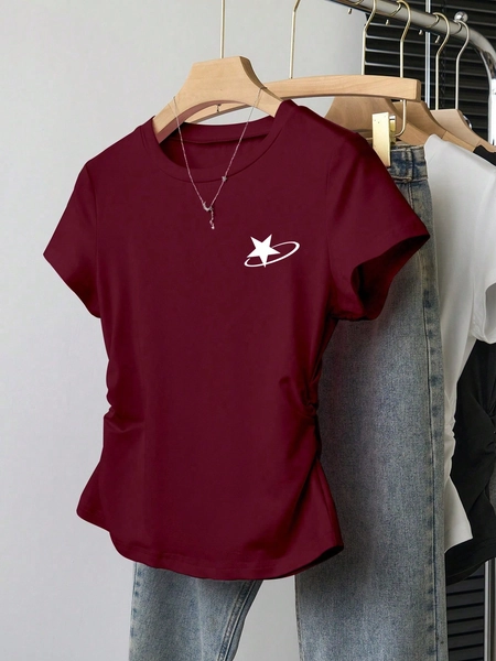 INAWLY Women's Round Neck Star Print Short Sleeve T-Shirt, Summer