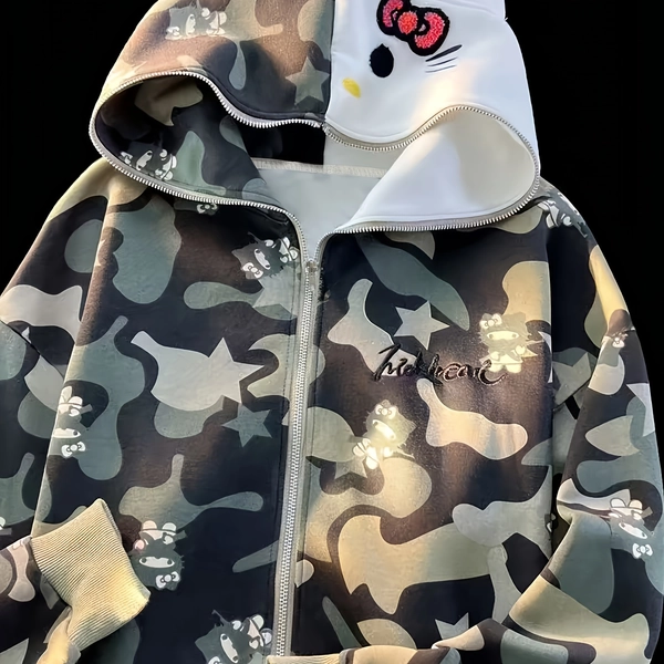Sanrio Women'S Camouflage Hooded Zip-Up Jacket with for hello kitty Embroidery - Casual Streetwear, Loose Fit, Long Sleeve, Fall/Winter Outerwear, White with Red Bow Detail, Autumn Winter Apparel | Playful Design | Embroidered Detailing, Sanrio, Woman'S Sweatshirt, Coat