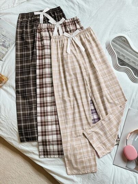 Dream Adore 3pcs Women's Casual Satin Bow Elastic Waist Plaid Print Pajama Pants Set, Fall Winter Clothes