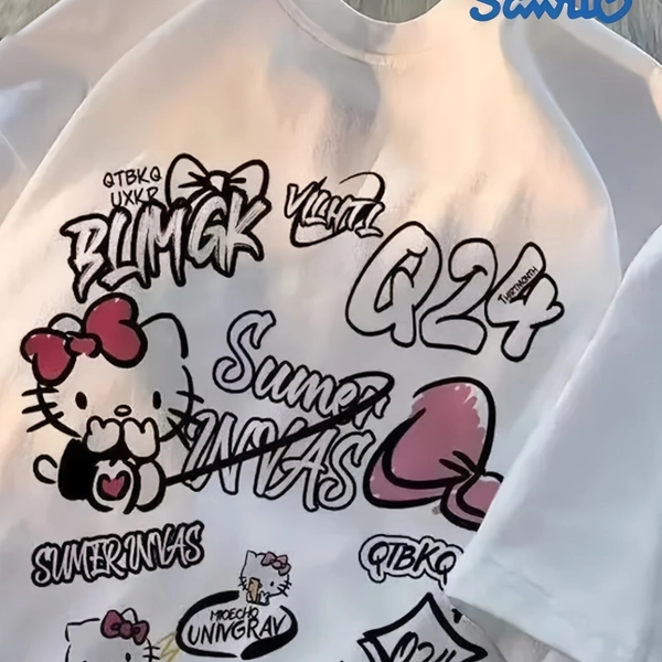Women's Hello Kitty & Japanese Kawaii Graphic T-Shirt - Cute Anime-Inspired Short Sleeve Crew Neck Top with Hearts, Bows & Japanese Text, All-Season Casual Wear for Themed Events & Everyday Outfits, Geometric Print, Machine Washable, Relaxed Fit, Vibrant Colors, Playful Design with Hello Kitty Face & Hearts, Pink Bow, Black & White Contrast, H-Line Silhouette
