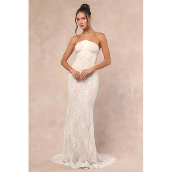 Valeria White Lace Strapless Bustier Maxi Dress