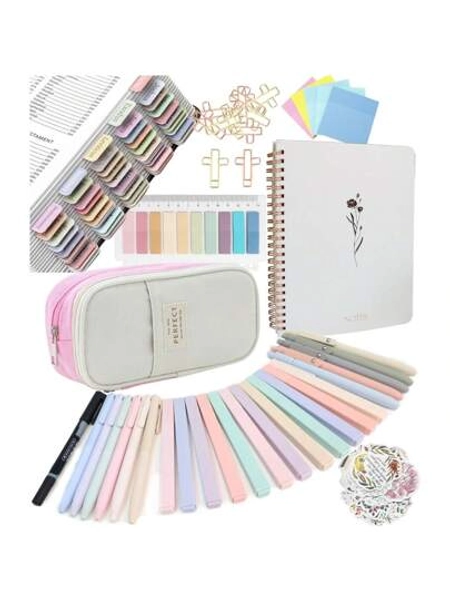 Bible Study Supplies Journaling Kit With Tabs, Highlighter, Notebook And Pen Case - Annotation Kit, Study Group Essentials Accessories Set For Women, Students, Beginner Christian Gifts
