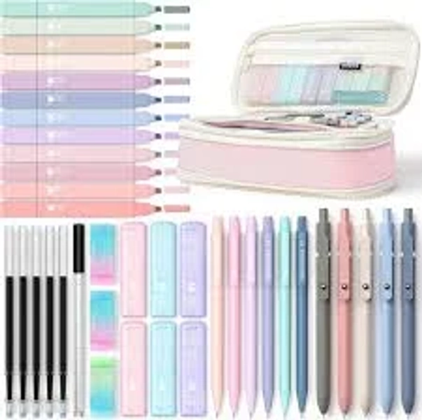39 PCS Aesthetic School Supplies Set with Pink Cute Pencil Case, Pastel Highlighters, Gel Pens & Mechanical Pencils Kit, Complete Student Stationery