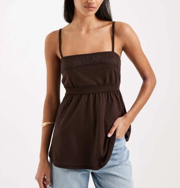 Hollister – Lace Trim Babydoll Cami – Women – Cotton/Polyester - XXS - Brown