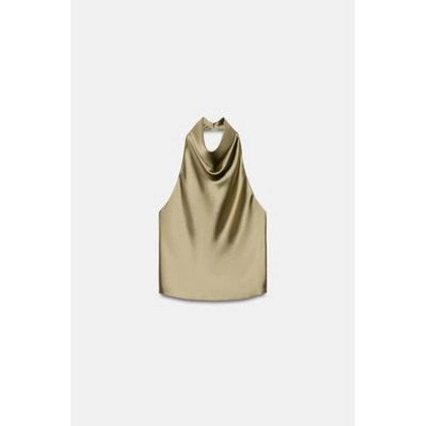 Zara - Satin Effect Halter Top - Light Khaki - M - Woman