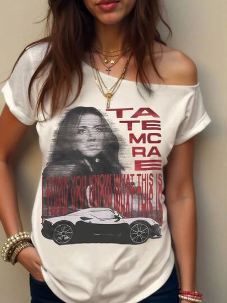 Women's Asymmetric Oversized Streetwear Retro Portrait Letter Racing Car Print Short Sleeve T-Shirt, Graphic Tee
