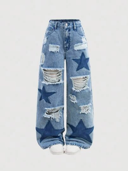 SHEIN Y2K Grunge Punk Girls' Loose Fit Distressed Star Patched Contrast Color Wide Leg Boy Friend Jeans, School,Streetwear Fall Winter