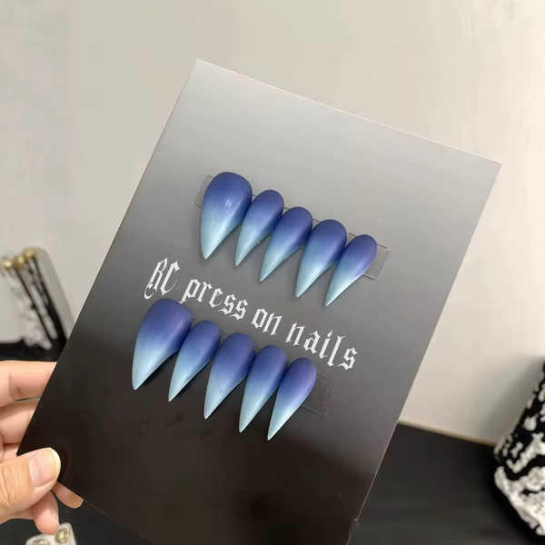 10PCS Matte Blue Gradient Stiletto Press On Nails Extra Long Sharp Pointed Ombre Fake Nails Gothic Aesthetic Handmade False Nail - AliExpress 