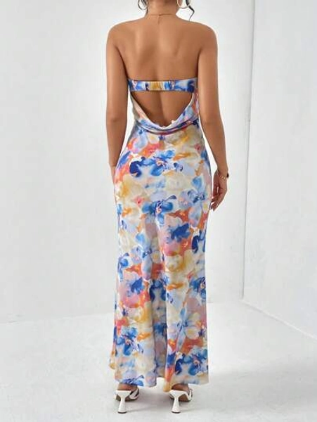 Firerie Spring Break Floral Print Draped Backless Tube Long Summer Dress,Summer Dresses For Women