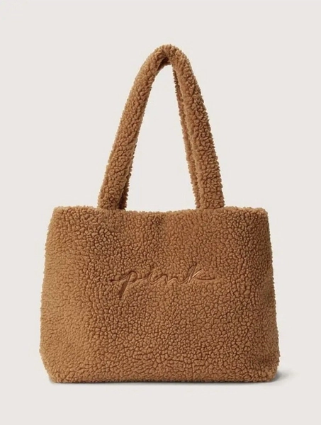 NEW VICTORIA'S SECRET Pink Large Cozy Plush Fleece Tote Bag Sherpa - Brown