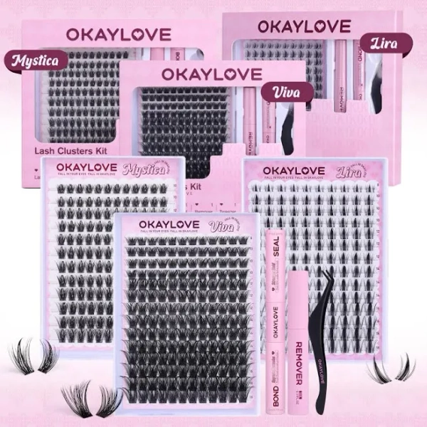 OKAYLOVE Lash Clusters Kit with Long-lasting Lash Bond and Seal,Tweezers and Remover Natural Lash Clusters for DIY Lash Extesnion at home for Natural
