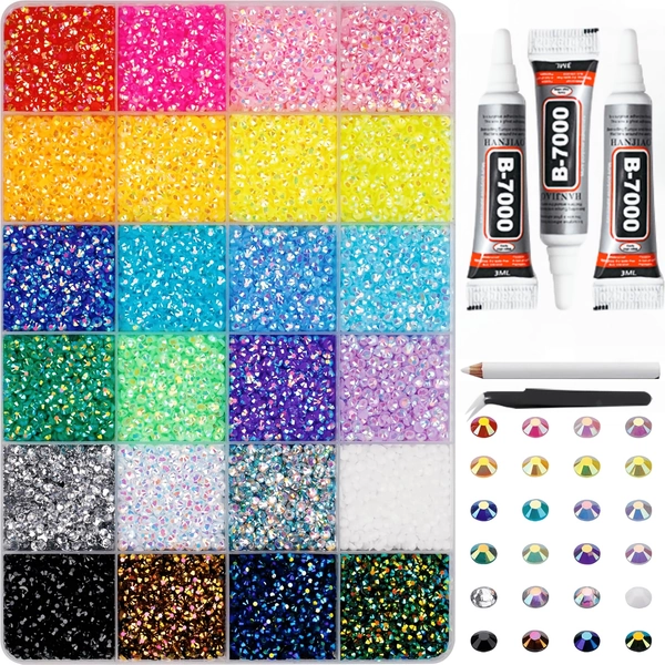 19000 Bedazzling Rhinestones in 24 Colors, 3Mm Resin Rhinestones, with Flat Back Rhinestones for Clothing, Handicrafts, Nails, And Clothing. Comes with 3 B7000 Transparent Adhesives, Tweezers