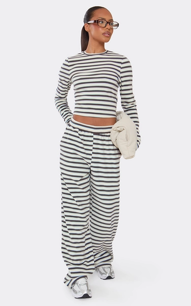 Mid Rise Straight Leg Joggers In Brown And Blue Soft Stripe