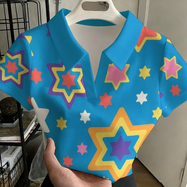 Women's Stylish and Versatile Polo Shirt Without ButtonsBlue Red Orange Graphics Star Design Wrapping Paper Graphic DesignFashionable Versatile Casual Top