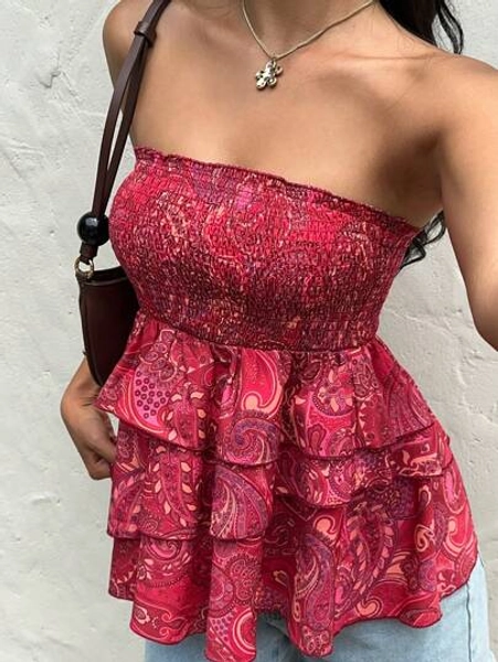 Sunnyshic Women's Summer Casual Vacation Dark Color Paisley Print Multilayer Asymmetrical Ruffled Bandeau Top