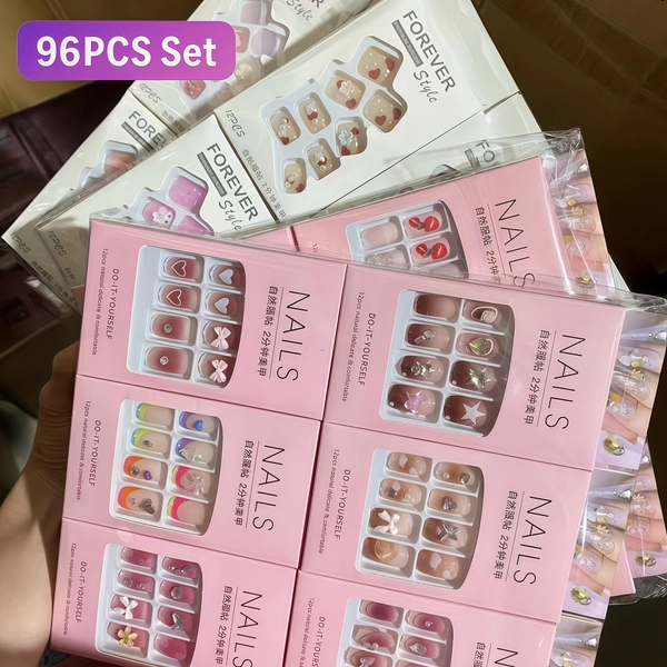 96pcs Nail Art Combo Set | Cute and Colorful Collection with Heart, Bow, and Flower Designs in Pink and Nude Tones | Includes Glossy, 3D, and Pastel Styles for Daily Wear or Special Occasions | Easy to Apply and Comfortable to Wear