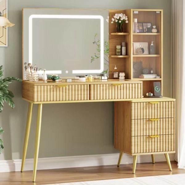 48" Makeup Vanity Desk with Glass Top, Large Vanity Desk with 3 Lighting Modes Mirror & 5 Drawers,Yellow