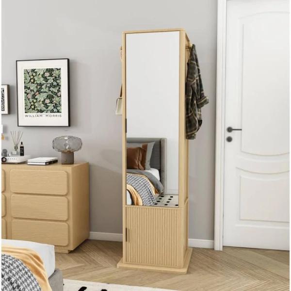 360° Rotating Makeup Cabinet, Jewelry Cabinet With A Full-Length Mirror, Standing Storage Cabinet With A Coat Rack, 4 Layers Of Open Shelves And 2