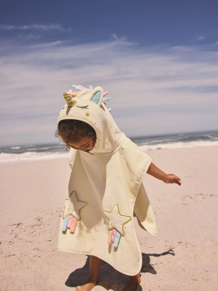 Ecru White Unicorn Towelling Poncho (9mths-10yrs) - Size 9Mths-2Yrs