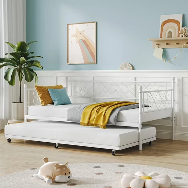 Daybed with Trundle, Twin Metal Bed Frame with Heart-Shaped Headboard, Sturdy Steel Slat Support, Space-Saving Sofa Bed for Living Room, Bedroom, and Guest Room, Easy Assembly