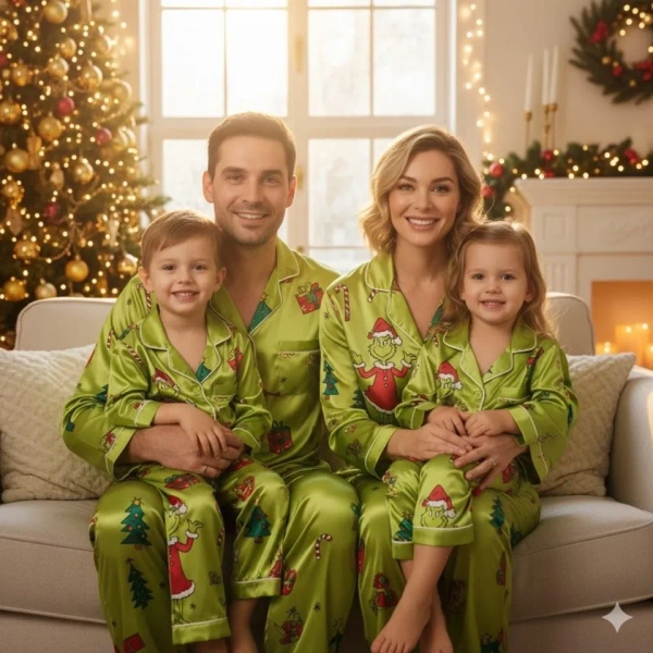 Family Matching funny character Satin Pajama Set - Funny Merry Grin Holiday Sleepwea Kids's XS sold by Puffin Telugu Sebulba | SKU 2130987881 | Printerval