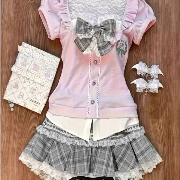 Cutecore, Cutecore clothes, Sweet & Spicy Academy Style Pink Purple Plaid Top & Gray Skirt Set, Kawaii clothes, Cute core clothes, Cute clothes,