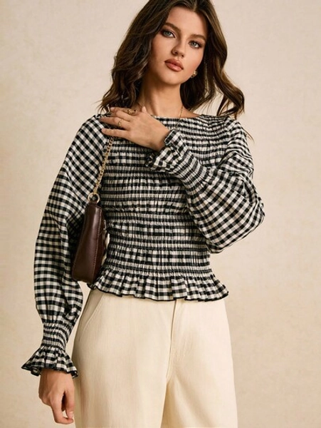 Poéselle Black & White Smocked Plaid Shirred Design Fitted Long Sleeve Women's Top Peplum Blouse Checkered Top Puff Sleeve Tops,Fall,Fall Clothes For Women