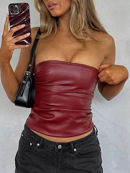 Siren Gaze New Year & Valentine's Women Burgundy Leather Top Fashionable Ruched Asymmetric Hem Tube Top, Suitable For Going Out And Parties Top, New Years Women