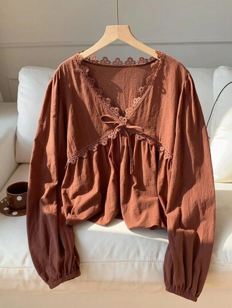 Comfortcana Women's Solid Color Contrast Lace Front Tie Long Sleeve Loose Fashion Blouse Rust Brown Top Cottagecore Clothes Coffee Brown Top
