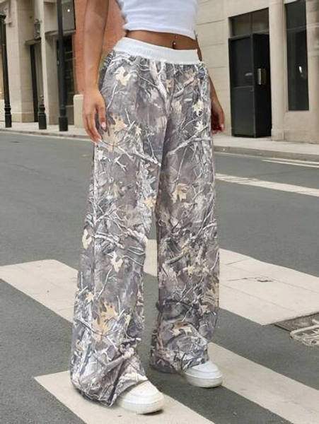 Muchica Branch Print Woven Women's Elastic Waist Casual Wide Leg Pants