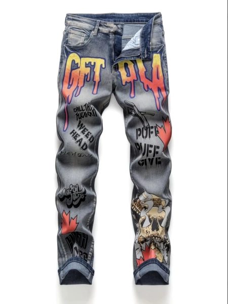 New European and American all-sweep retro Y2K trend printed maple leaf ghost head straight jeans - AliExpress 200000343