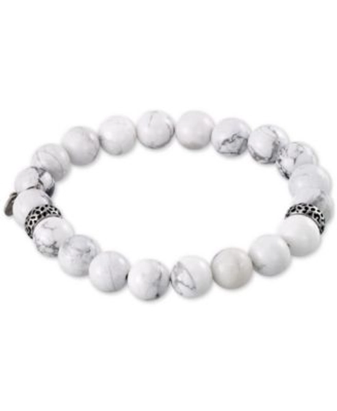 White Agate (10mm) Beaded Stretch Bracelet in Stainless Steel 