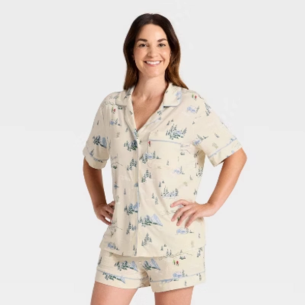 Women's Cloud Knit Modal Notch Collar Short Sleeve Top and Shorts Pajama Set - Auden™ Cream 'Tis the Skison M