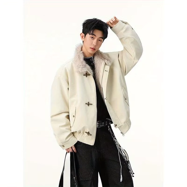 Mens Jacket Harajuku Winter Heavyweight American Aviator Buckle Eagle Cotton Coat Thick Fur Collar Faux Leather Streetwear New - AliExpress 200000343
