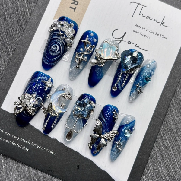 10Pcs High Quality Handmade Press on Nails Simple And Elegant  Royal Blue Depth Gentle And Graceful  Stick-on Nail Art Retro - AliExpress 