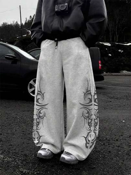 Front & Back Totem Print Casual Sweatpants, Street Style Loose Fit Straight Leg, English Graffiti Graphic, Comfortable Streetwear
