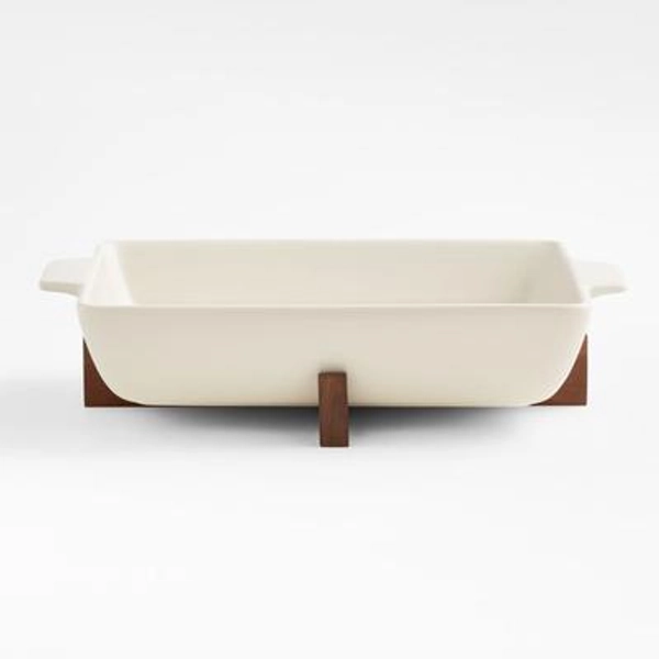Oven-to-Table Rectangular Baking Dish with Dark Wood Trivet